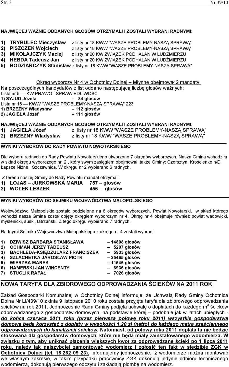 Dolnej Młynne obejmował 2 mandaty: Lista nr 5 KW PRAWO I SPRAWIEDLIWOŚĆ 1) SYJUD Józefa 84 głosów Lista nr 18 KWW "WASZE PROBLEMY-NASZĄ SPRAWĄ" 223 1) BRZEŹNY Władysław 112 głosów 2) JAGIEŁA Józef