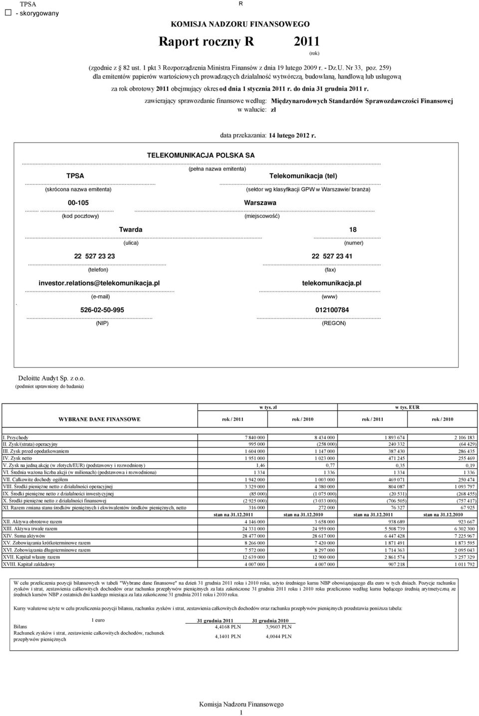 do dnia 31 grudnia 2011 r. zawierający sprawozdanie finansowe według: Międzynarodowych Standardów Sprawozdawczości Finansowej w walucie: zł data przekazania: 14 lutego 2012 r.