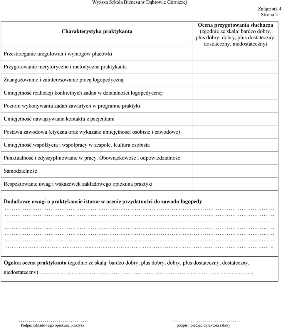 logopedycznej Poziom wykonywania zadań zawartych w programie praktyki Umiejętność nawiązywania kontaktu z pacjentami Postawa zawodowa (etyczna oraz wykazane umiejętności osobiste i zawodowe)