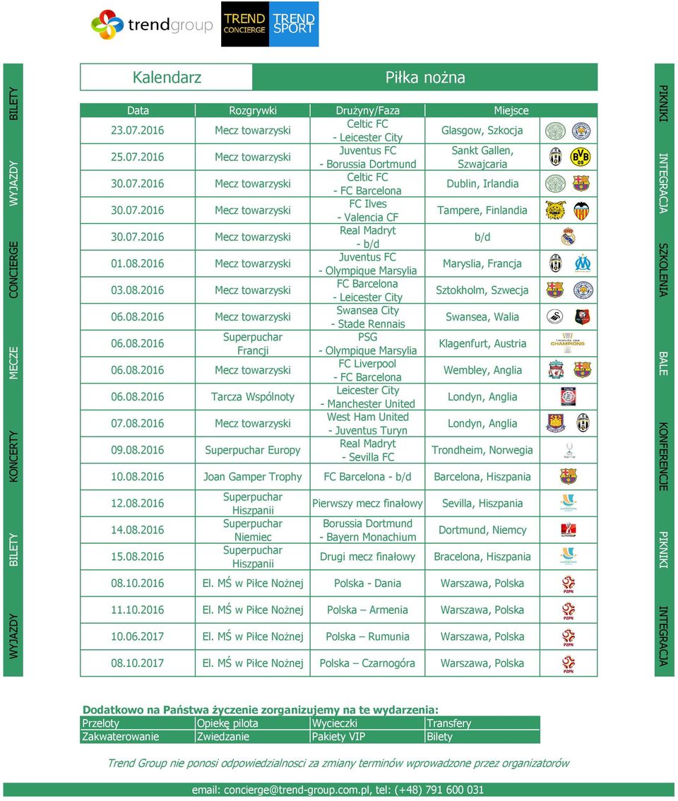 2016 Mecz towarzyski Juventus FC - Olympique Maryslia, Francja 03.08.2016 Mecz towarzyski FC Barcelona - Leicester City Sztokholm, Szwecja 06.08.2016 Mecz towarzyski Swansea City - Stade Rennais Swansea, Walia 06.