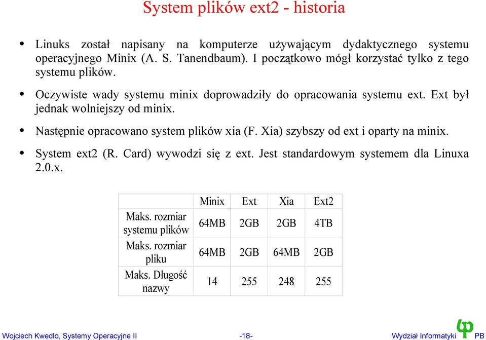 Następnie opracowano system plików xia (F. Xia) szybszy od ext i oparty na minix. System ext2 (R. Card) wywodzi się z ext. Jest standardowym systemem dla Linuxa 2.0.x. Maks.