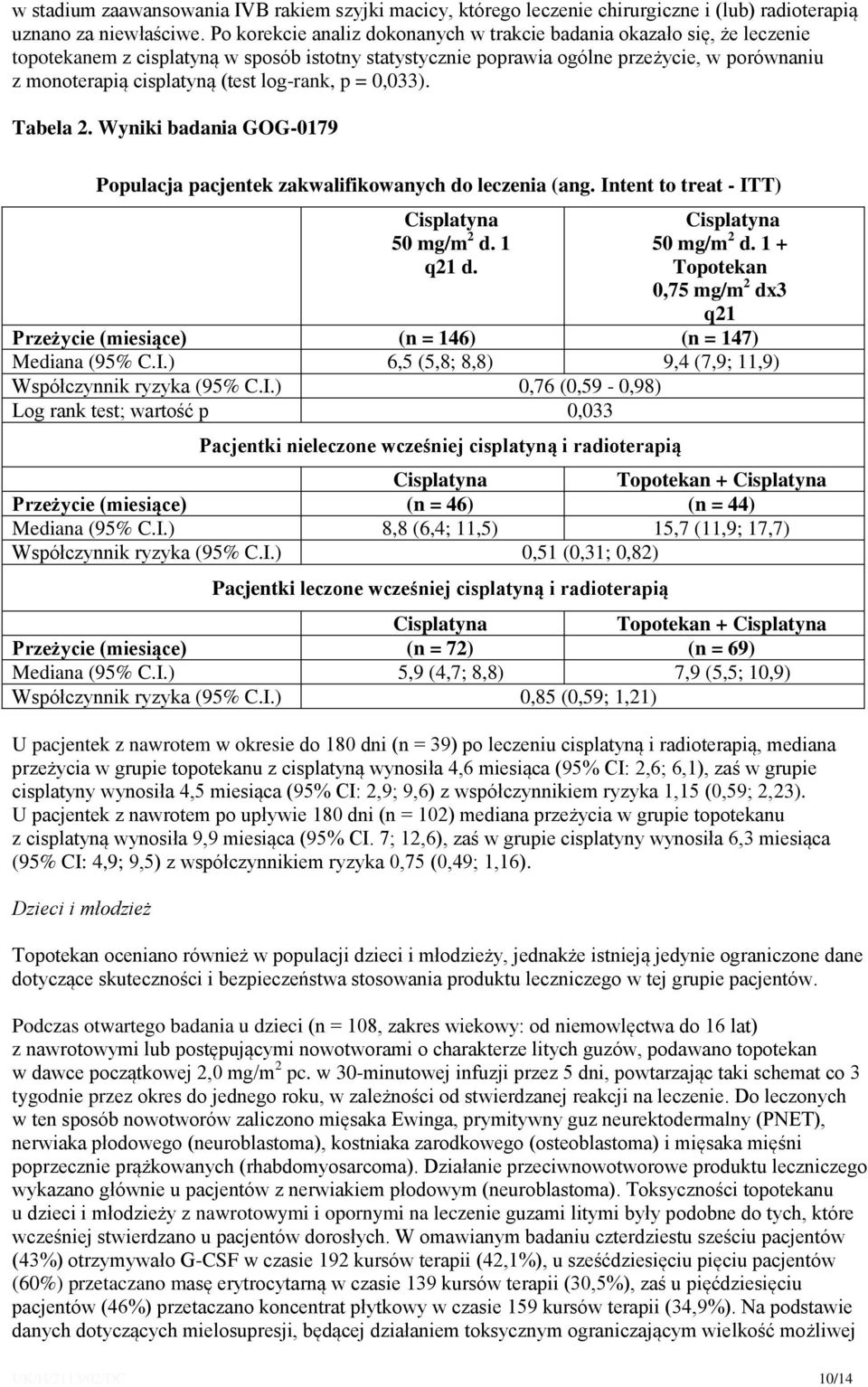 log-rank, p = 0,033). Tabela 2. Wyniki badania GOG-0179 Populacja pacjentek zakwalifikowanych do leczenia (ang. Intent to treat - ITT) Cisplatyna 50 mg/m 2 d.