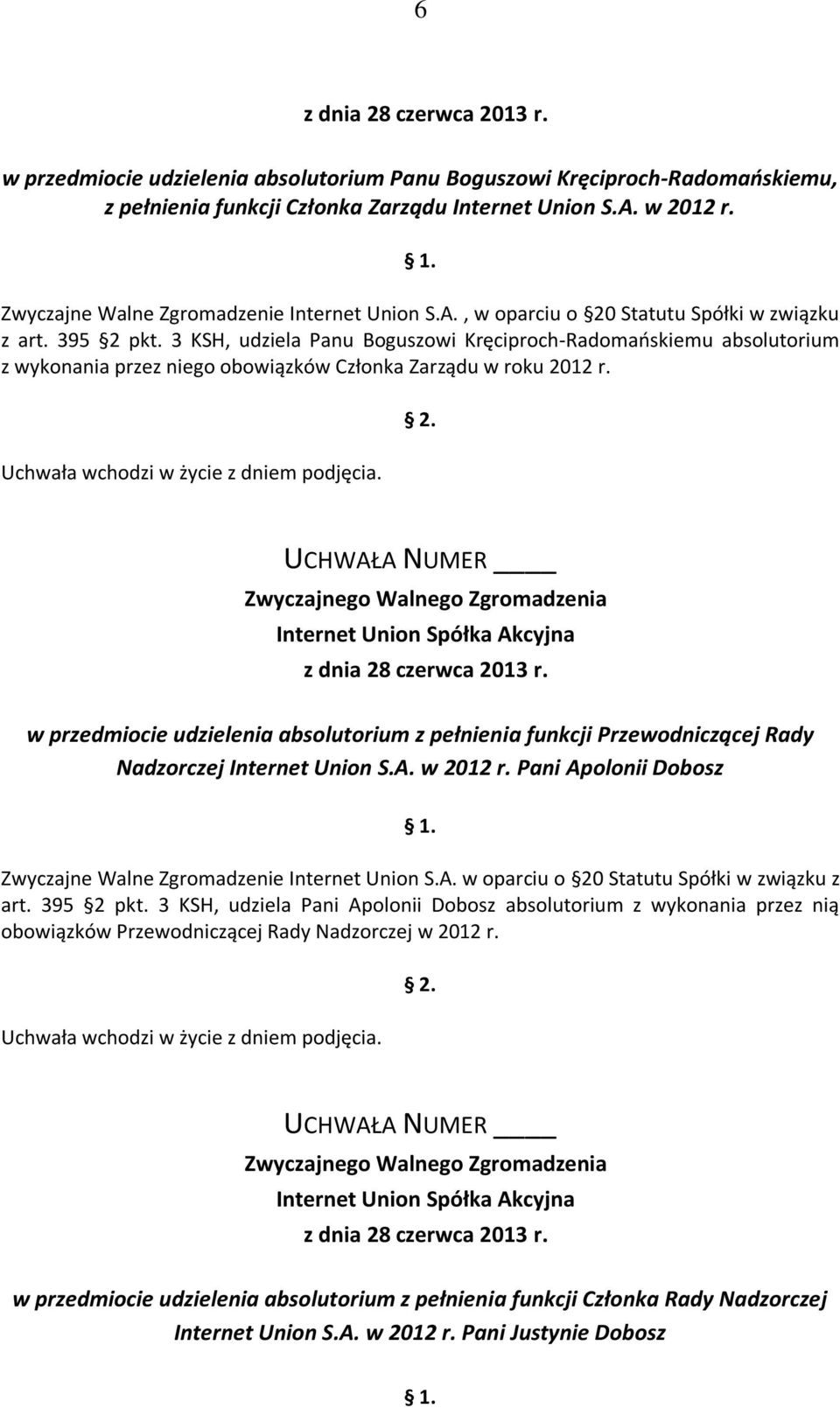 w przedmiocie udzielenia absolutorium z pełnienia funkcji Przewodniczącej Rady Nadzorczej Internet Union S.A. w 2012 r. Pani Apolonii Dobosz Zwyczajne Walne Zgromadzenie Internet Union S.A. w oparciu o 20 Statutu Spółki w związku z art.