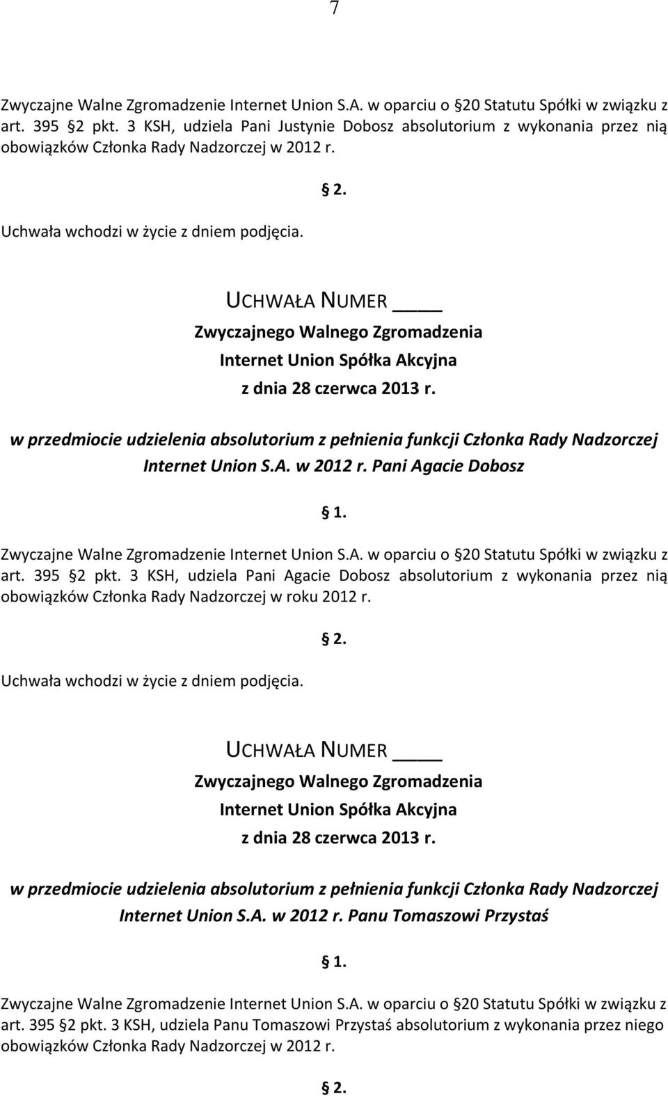 w przedmiocie udzielenia absolutorium z pełnienia funkcji Członka Rady Nadzorczej Internet Union S.A. w 2012 r. Pani Agacie Dobosz Zwyczajne Walne Zgromadzenie Internet Union S.A. w oparciu o 20 Statutu Spółki w związku z art.