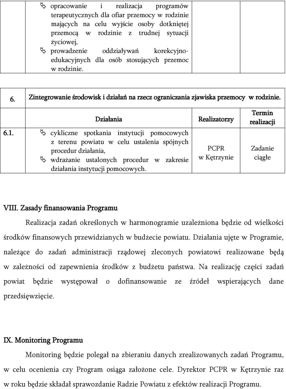 cykliczne spotkania instytucji pomocowych z terenu powiatu w celu ustalenia spójnych procedur działania, wdrażanie ustalonych procedur w zakresie działania instytucji pomocowych.