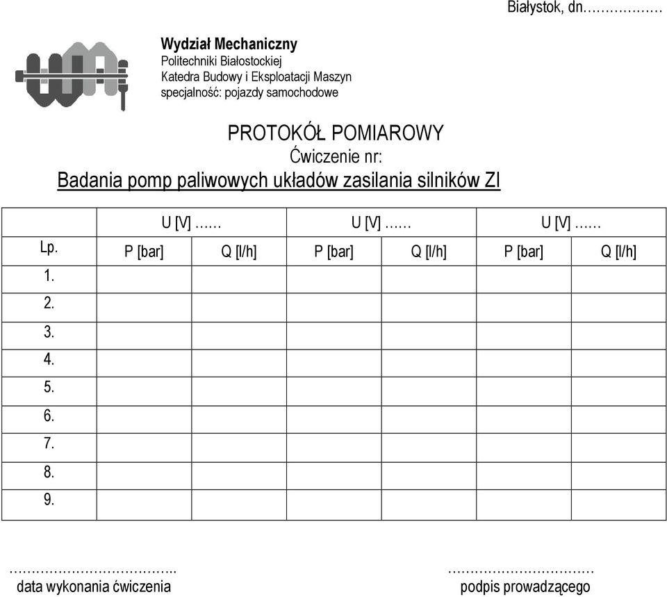 paliwowych układów zasilania silników ZI U [V] U [V] U [V] Lp.