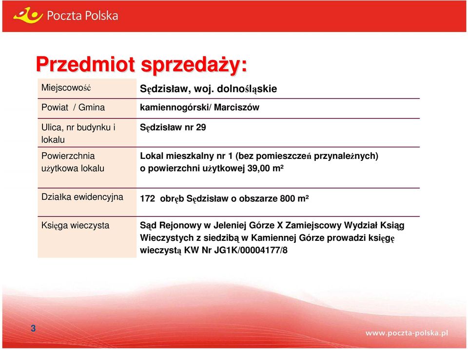 nr 29 Lokal mieszkalny nr 1 (bez pomieszczeń przynależnych) o powierzchni użytkowej 39,00 m² Działka ewidencyjna 172