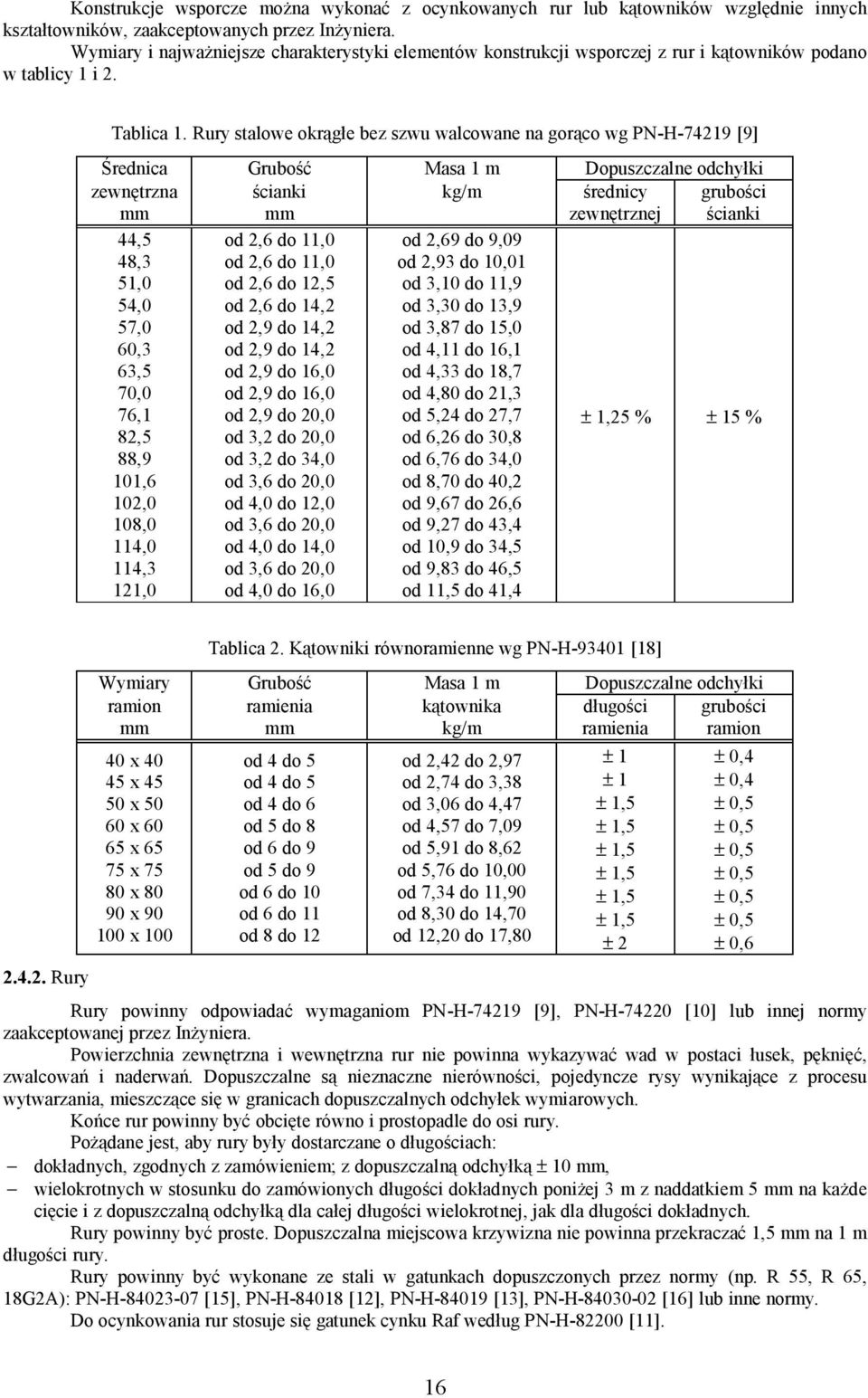 Rury stalowe okrągłe bez szwu walcowane na gorąco wg PN-H-74219 [9] Średnica Grubość Masa 1 m Dopuszczalne odchyłki zewnętrzna mm ścianki mm kg/m średnicy zewnętrznej grubości ścianki 44,5 48,3 51,0