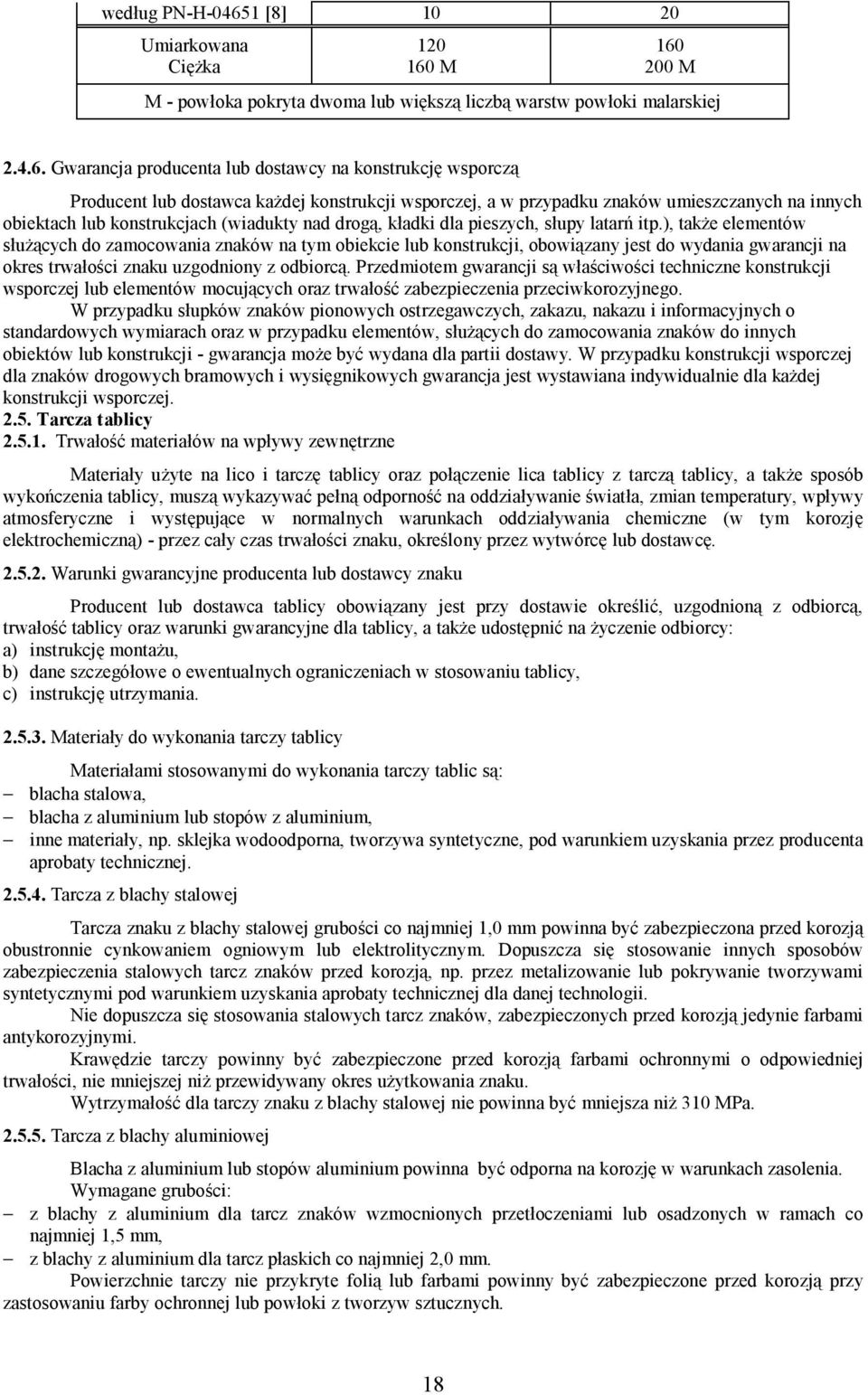 M 160 200 M M - powłoka pokryta dwoma lub większą liczbą warstw powłoki malarskiej 2.4.6. Gwarancja producenta lub dostawcy na konstrukcję wsporczą Producent lub dostawca każdej konstrukcji