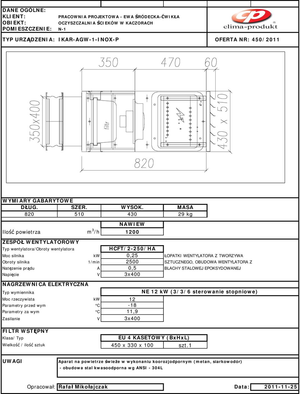 MASA 820 510 430 29 kg NAWIEW Ilość powietrza m 3 /h 1200 ZESPÓŁ WENTYLATOROWY Typ wentylatora/obroty wentylatora HCFT/2-250/HA Moc silnika kw 0,25 ŁOPATKI WENTYLATORA Z TWORZYWA Obroty silnika 1/min