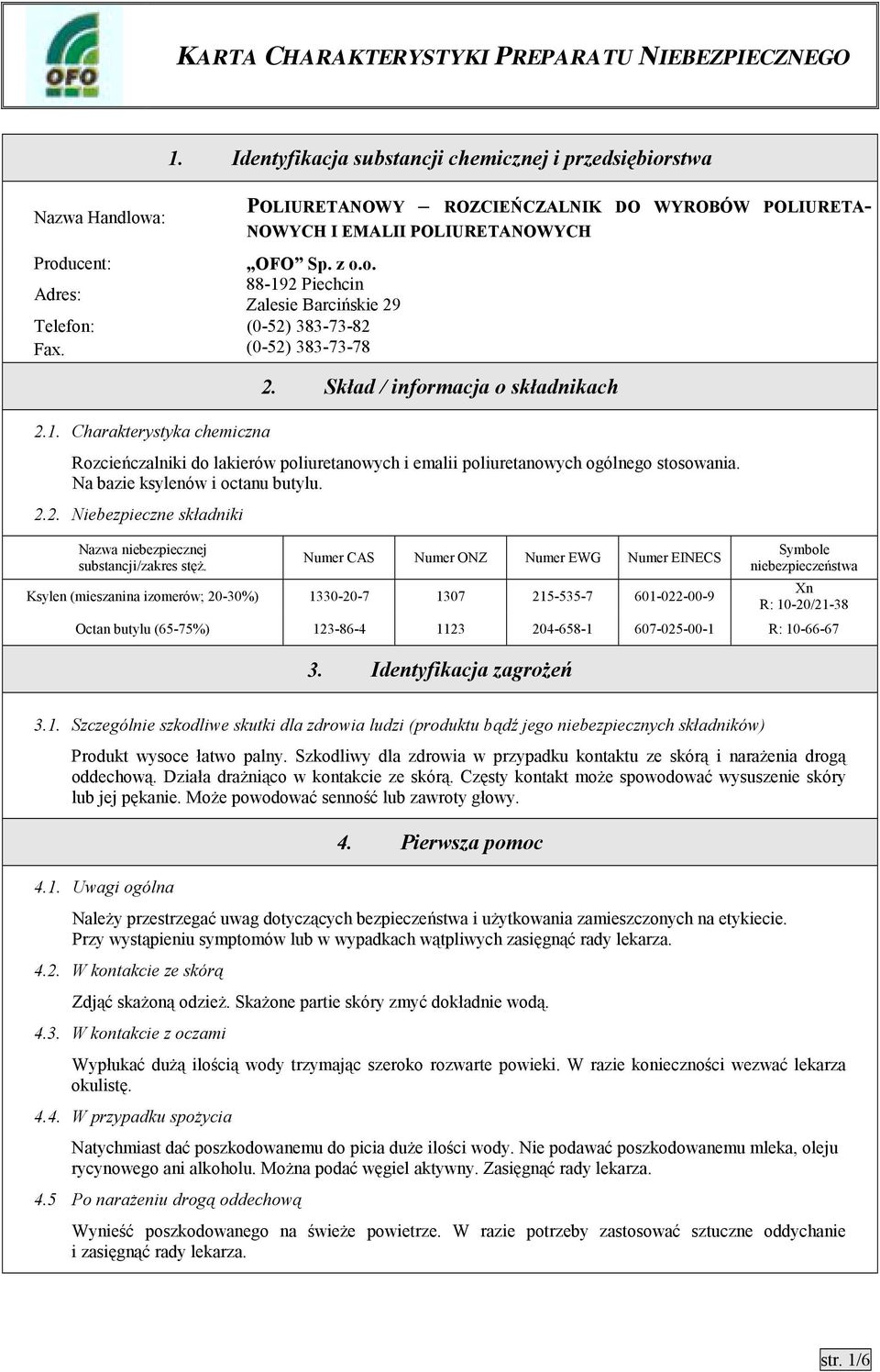 Charakterystyka chemiczna Rozcieńczalniki do lakierów poliuretanowych i emalii poliuretanowych ogólnego stosowania. Na bazie ksylenów i octanu butylu. 2.