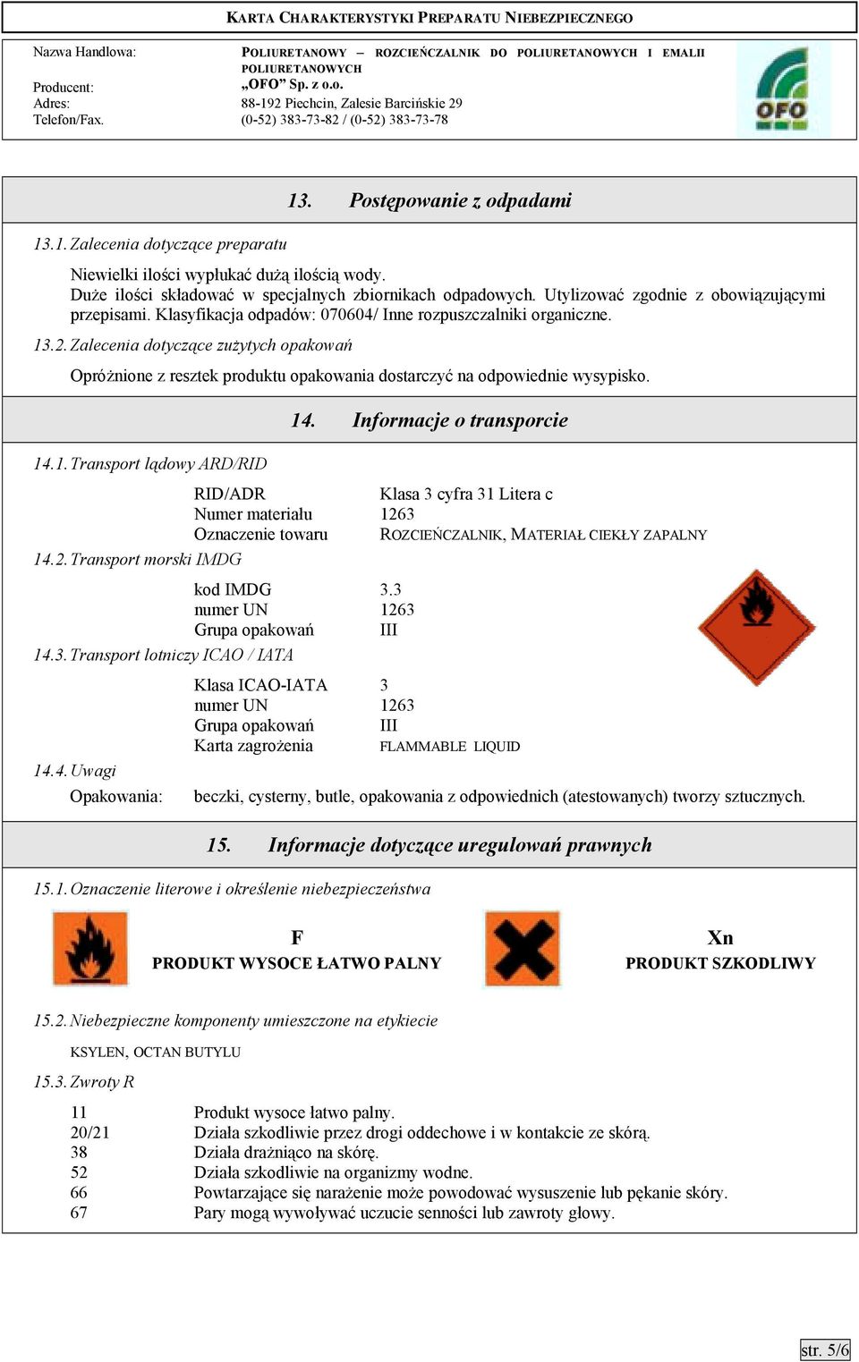 Zalecenia dotyczące zużytych opakowań Opróżnione z resztek produktu opakowania dostarczyć na odpowiednie wysypisko. 14