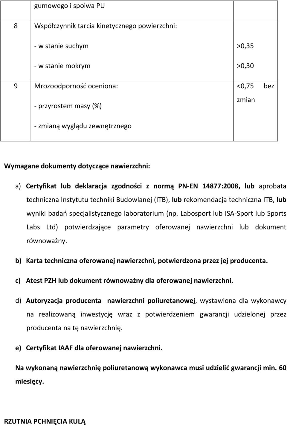 techniczna ITB, lub wyniki badań specjalistycznego laboratorium (np. Labosport lub ISA Sport lub Sports Labs Ltd) potwierdzające parametry oferowanej nawierzchni lub dokument równoważny.