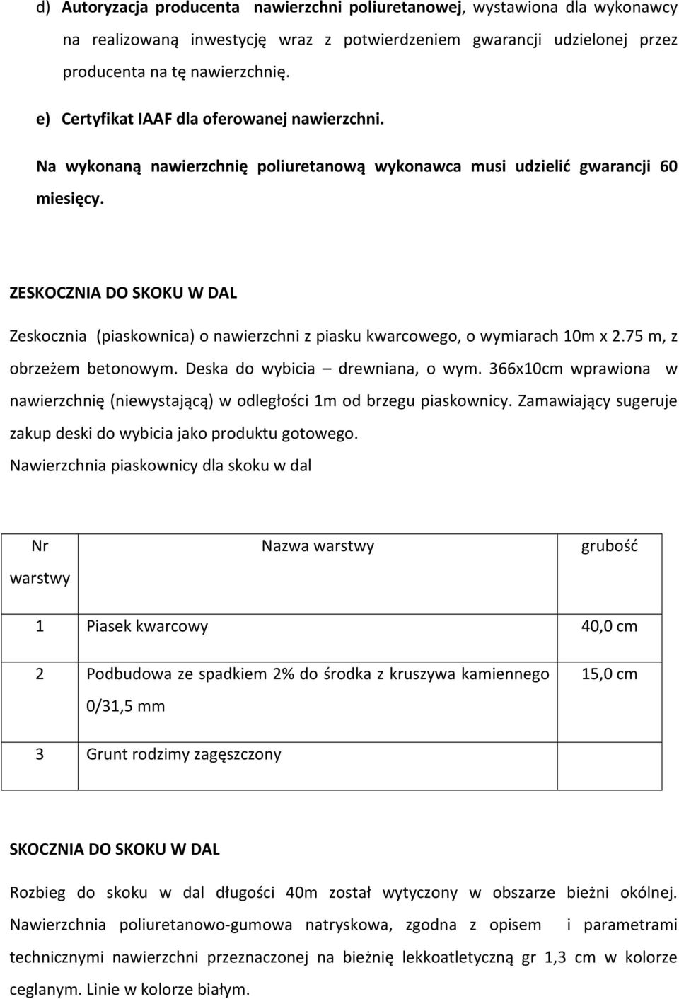 ZESKOCZNIA DO SKOKU W DAL Zeskocznia (piaskownica) o nawierzchni z piasku kwarcowego, o wymiarach 10m x 2.75 m, z obrzeżem betonowym. Deska do wybicia drewniana, o wym.