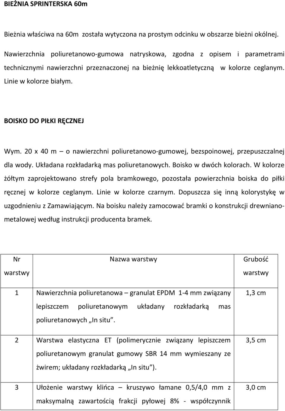 BOISKO DO PIŁKI RĘCZNEJ Wym. 20 x 40 m o nawierzchni poliuretanowo gumowej, bezspoinowej, przepuszczalnej dla wody. Układana rozkładarką mas poliuretanowych. Boisko w dwóch kolorach.