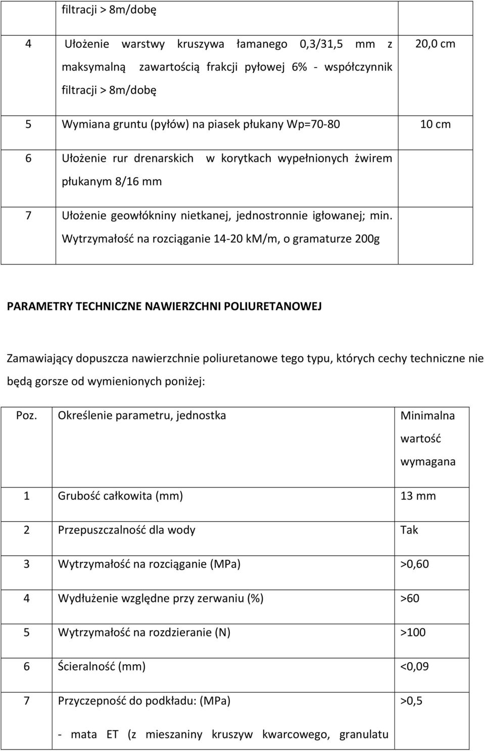 Wytrzymałość na rozciąganie 14 20 km/m, o gramaturze 200g PARAMETRY TECHNICZNE NAWIERZCHNI POLIURETANOWEJ Zamawiający dopuszcza nawierzchnie poliuretanowe tego typu, których cechy techniczne nie będą