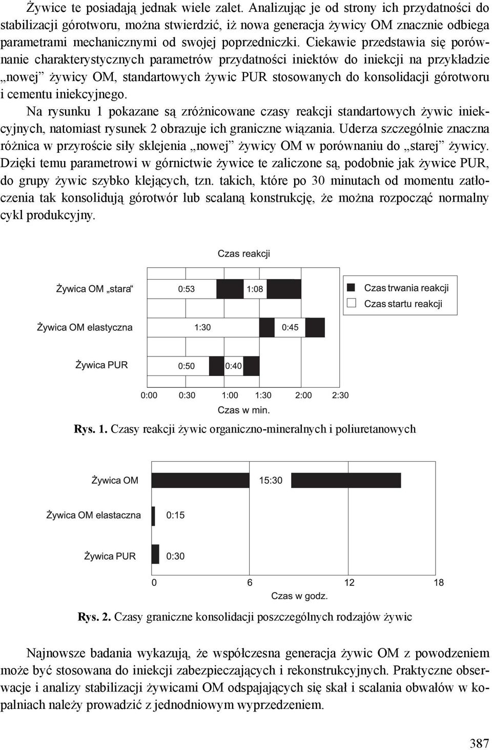 Ciekawie przedstawia się porównanie charakterystycznych parametrów przydatności iniektów do iniekcji na przykładzie nowej żywicy OM, standartowych żywic PUR stosowanych do konsolidacji górotworu i