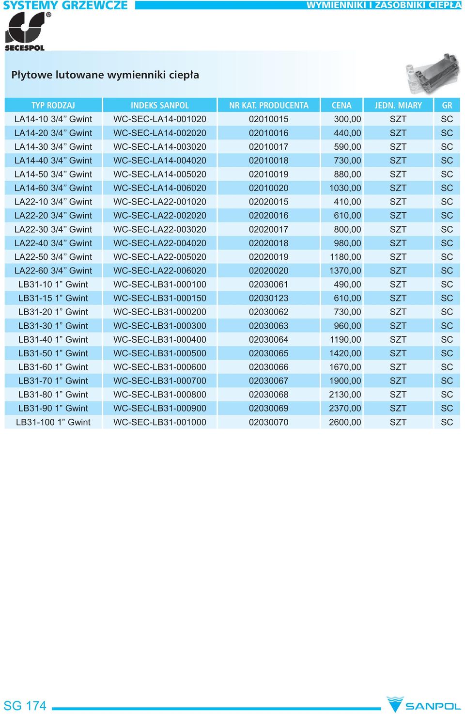 3/4 Gwint WC-SEC-LA14-004020 02010018 730,00 SZT SC LA14-50 3/4 Gwint WC-SEC-LA14-005020 02010019 880,00 SZT SC LA14-60 3/4 Gwint WC-SEC-LA14-006020 02010020 1030,00 SZT SC LA22-10 3/4 Gwint