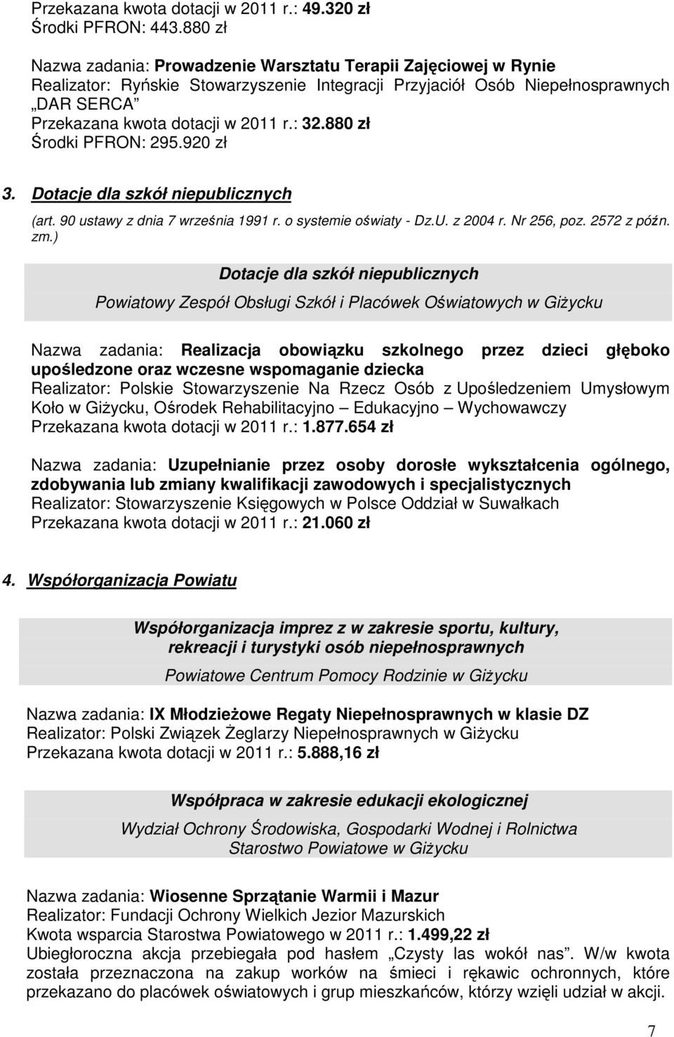 880 zł Środki PFRON: 295.920 zł 3. Dotacje dla szkół niepublicznych (art. 90 ustawy z dnia 7 września 1991 r. o systemie oświaty Dz.U. z 2004 r. Nr 256, poz. 2572 z późn. zm.