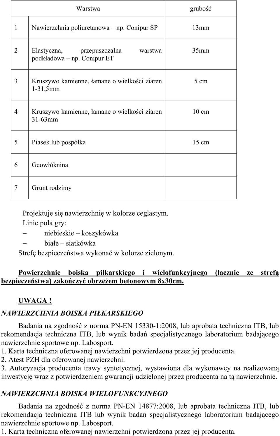 Projektuje si nawierzchni w kolorze ceglastym. Linie pola gry: niebieskie koszykówka białe siatkówka Stref bezpiecze stwa wykona w kolorze zielonym.