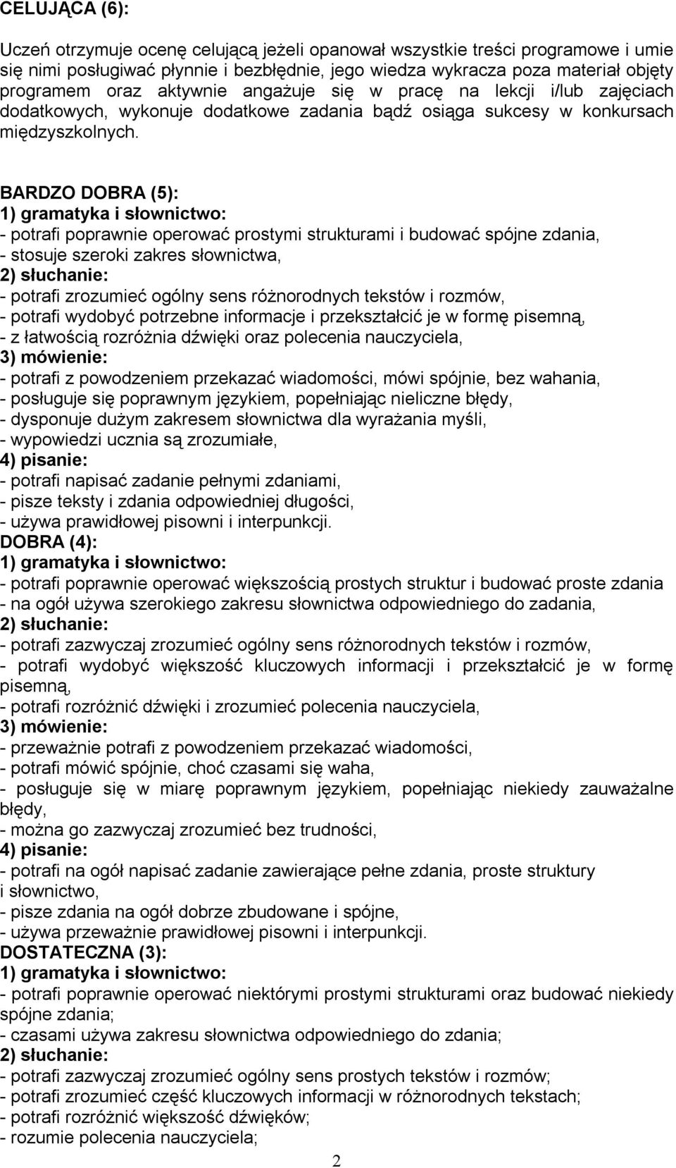 BARDZO DOBRA (5): - potrafi poprawnie operować prostymi strukturami i budować spójne zdania, - stosuje szeroki zakres słownictwa, - potrafi zrozumieć ogólny sens różnorodnych tekstów i rozmów, -