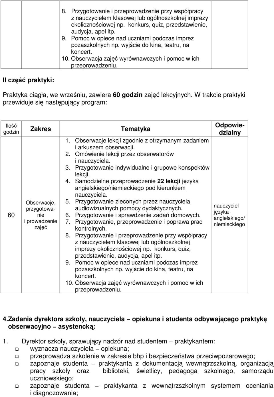 II część praktyki: Praktyka ciągła, we wrześniu, zawiera 60 godzin zajęć lekcyjnych.