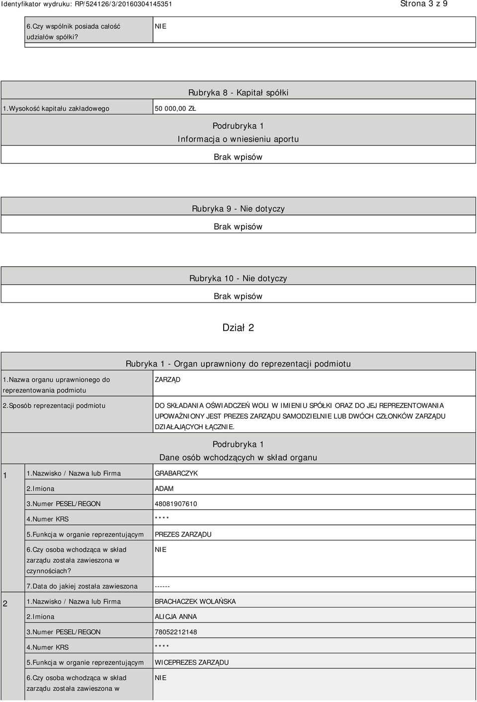 1.Nazwa organu uprawnionego do reprezentowania podmiotu 2.