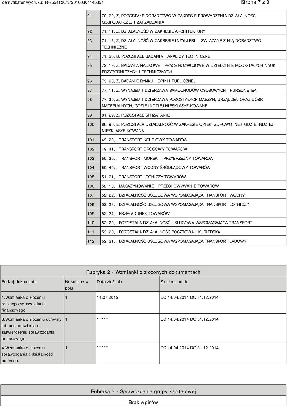 TECHNICZNYCH 96 73, 20, Z, BADA RYNKU I OPINII PUBLICZNEJ 97 77, 11, Z, WYNAJEM I DZIERŻAWA SAMOCHODÓW OSOBOWYCH I FURGONETEK 98 77, 39, Z, WYNAJEM I DZIERŻAWA POZOSTAŁYCH MASZYN, URZĄDZEŃ ORAZ DÓBR