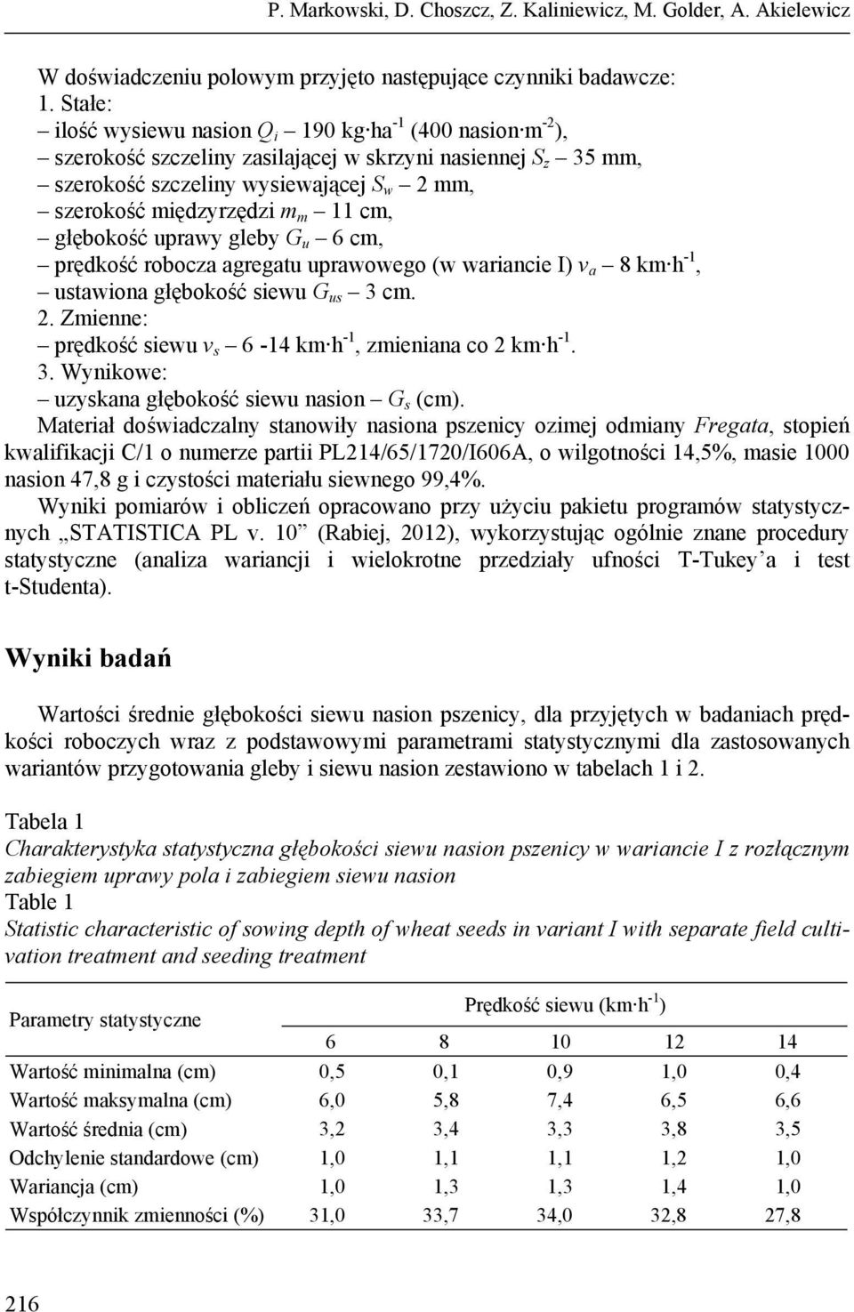 11 cm, głębokość uprawy gleby G u 6 cm, prędkość robocza agregatu uprawowego (w wariancie I) v a 8 km h -1, ustawiona głębokość siewu G us 3 cm. 2.