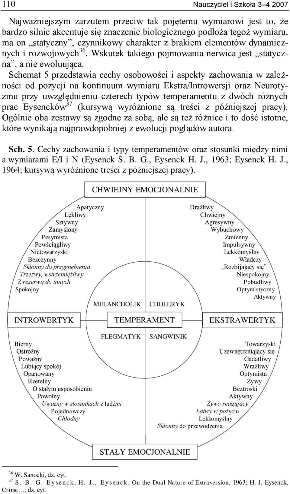 Schemat 5 przedstawia cechy osobowości i aspekty zachowania w zależności od pozycji na kontinuum wymiaru Ekstra/Introwersji oraz Neurotyzmu przy uwzględnieniu czterech typów temperamentu z dwóch
