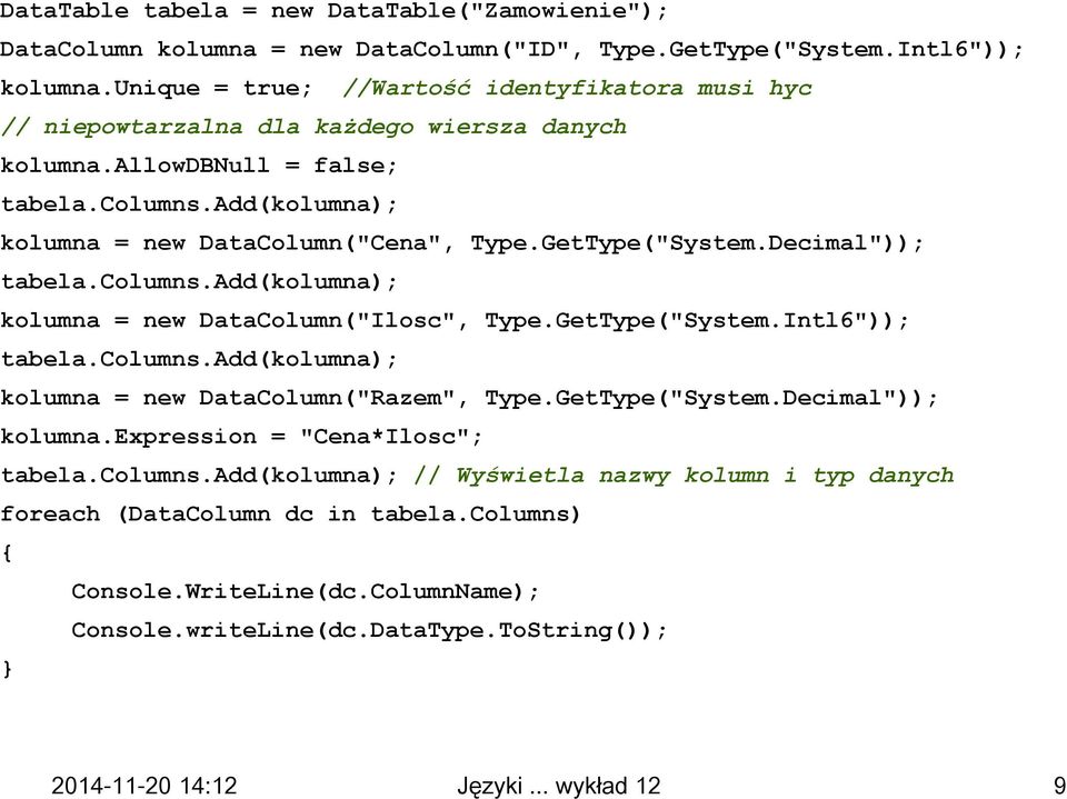 GetType("System.Decimal")); tabela.columns.add(kolumna); kolumna = new DataColumn("Ilosc", Type.GetType("System.Intl6")); tabela.columns.add(kolumna); kolumna = new DataColumn("Razem", Type.