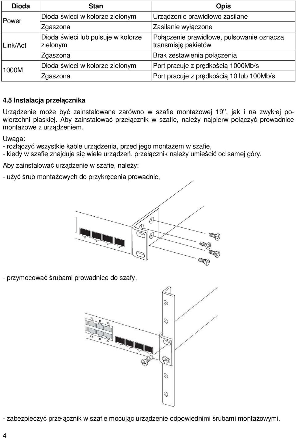 5 Instalacja przełącznika Urządzenie moŝe być zainstalowane zarówno w szafie montaŝowej 19, jak i na zwykłej powierzchni płaskiej.