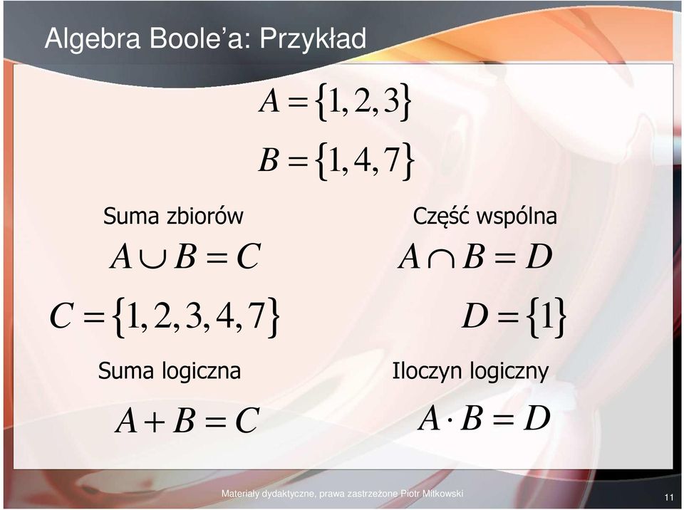 1,2,3,4,7 } D = { 1} Suma logiczna Iloczyn logiczny A + B