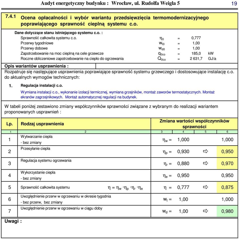 wariantów usprawnienia : Rozpatruje się następujące usprawnienia poprawiające sprawność systemu grzewczego i dostosowujące instalację c.o. do aktualnych wymogów technicznych: Regulacja instalacji c.o. Wymiana instalacji c.