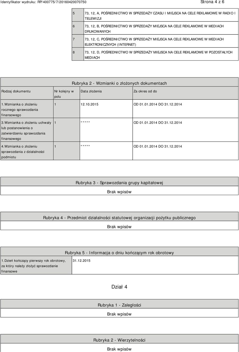 Wzmianki o złożonych dokumentach Rodzaj dokumentu Nr kolejny w polu Data złożenia Za okres od do 1.Wzmianka o złożeniu rocznego sprawozdania finansowego 3.