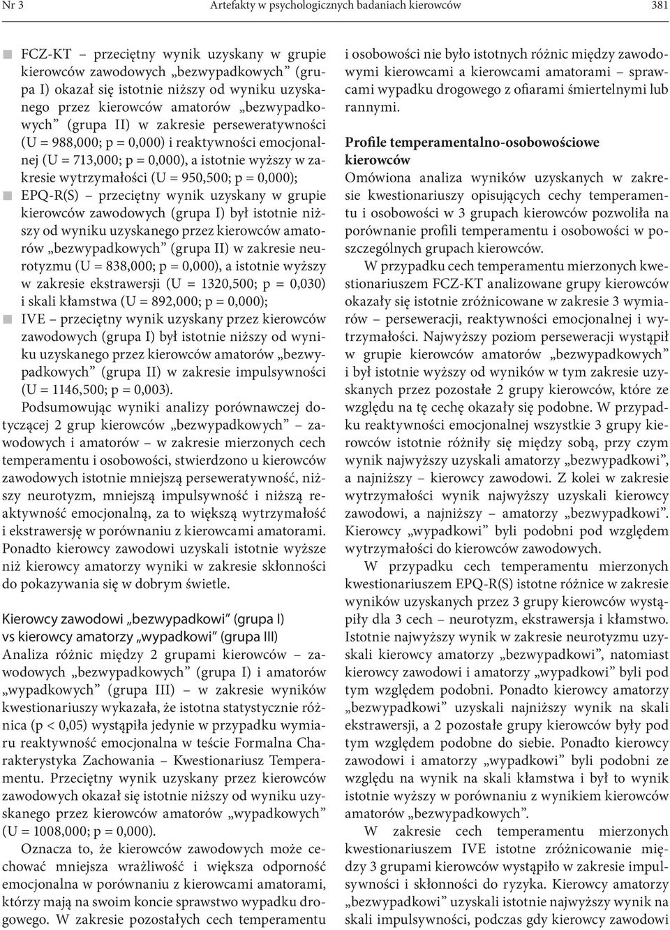 = 950,500; p = 0,000); EPQ-R(S) przeciętny wynik uzyskany w grupie kierowców zawodowych (grupa I) był istotnie niższy od wyniku uzyskanego przez kierowców amatorów bezwypadkowych (grupa II) w