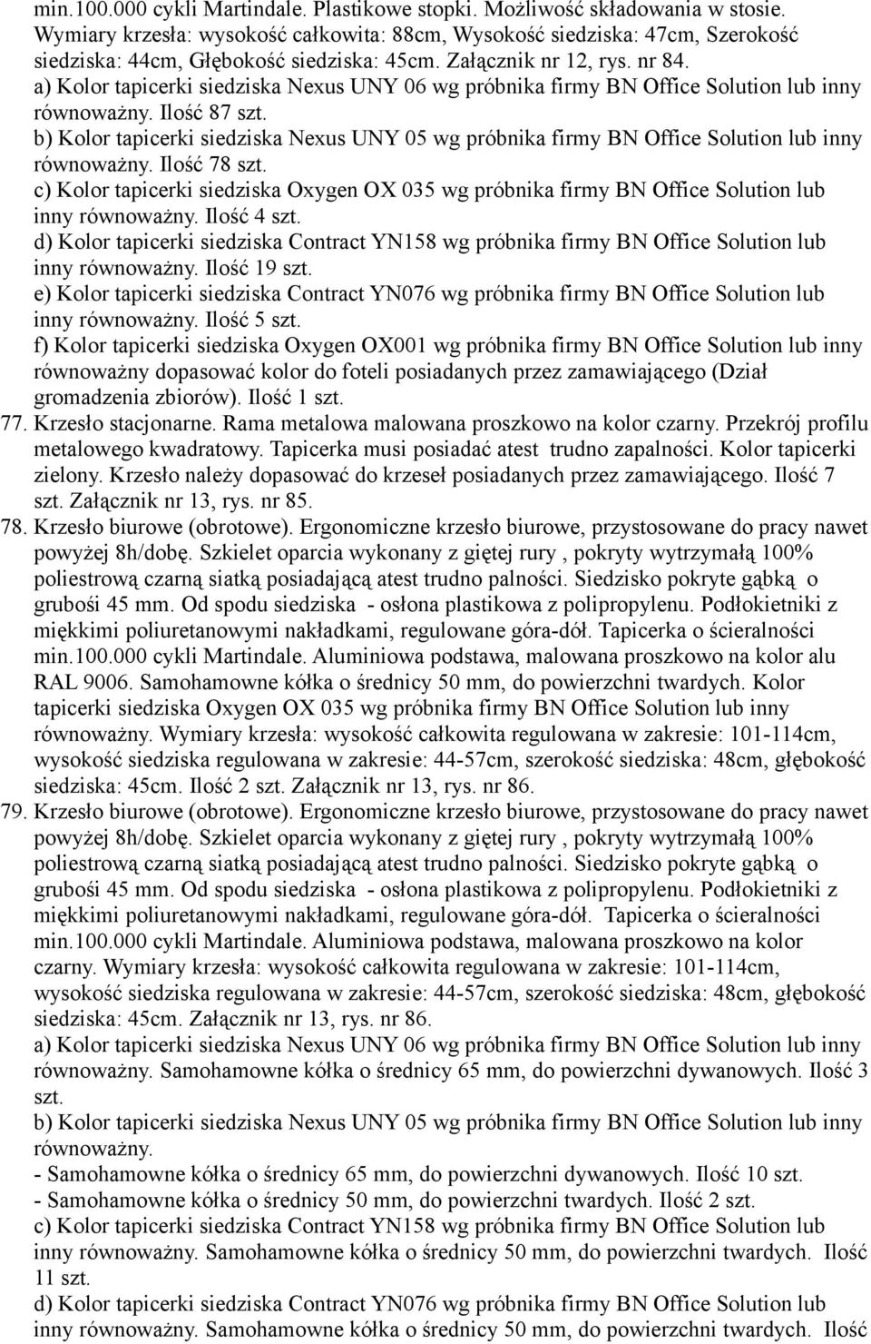 a) Kolor tapicerki siedziska Nexus UNY 06 wg próbnika firmy BN Office Solution lub inny równoważny. Ilość 87 szt.