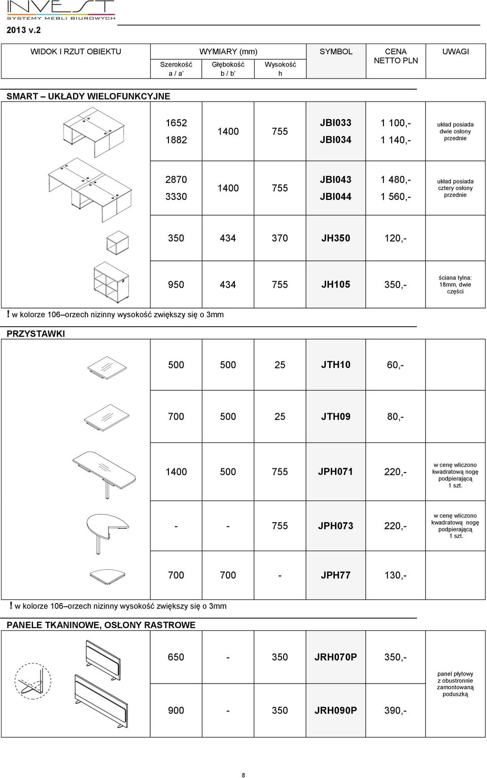 w kolorze 106 orzec nizinny wysokość zwiększy się o 3mm PRZYSTAWKI 500 500 25 JTH10 60,- 500 25 JTH09 80,- 1400 500 755 JPH071 220,- w cenę wliczono kwadratową nogę podpierającą 1