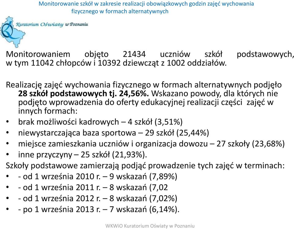 sportowa 29 szkół (25,44%) miejsce zamieszkania uczniów i organizacja dowozu 27 szkoły (23,68%) inne przyczyny 25 szkół (21,93%).