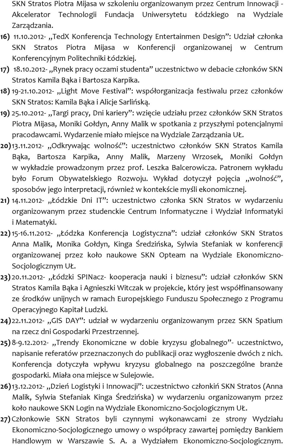 2012- Rynek pracy oczami studenta uczestnictwo w debacie członków SKN Stratos Kamila Bąka i Bartosza Karpika. 18) 19-21.10.