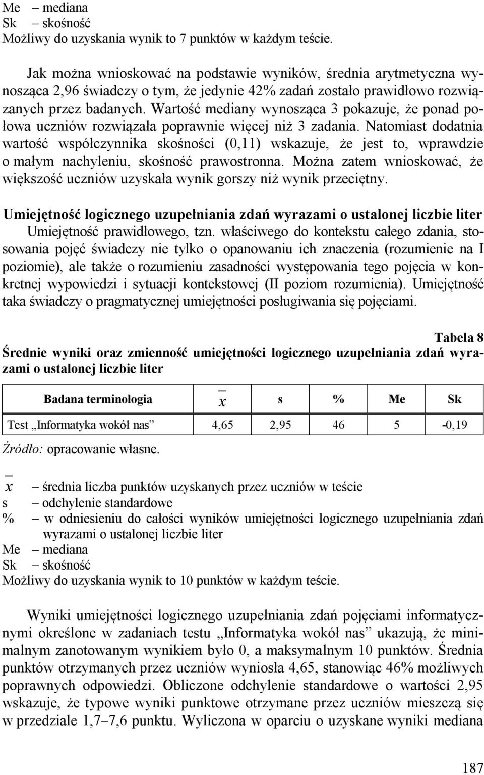 Wartość mediany wynosząca 3 pokazuje, że ponad połowa uczniów rozwiązała poprawnie więcej niż 3 zadania.