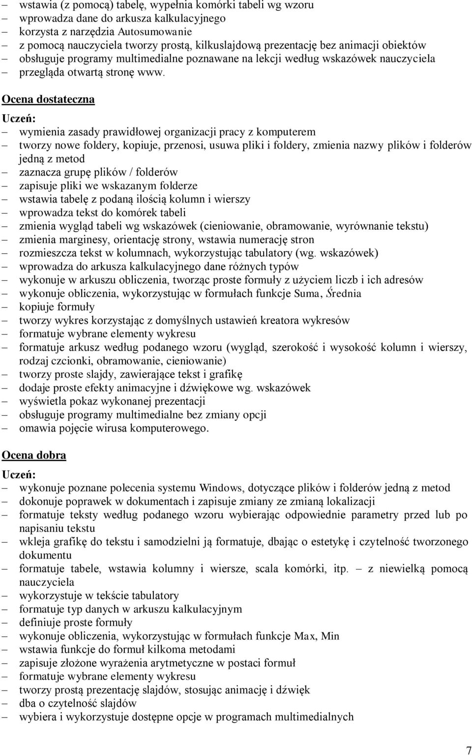 Ocena dostateczna wymienia zasady prawidłowej organizacji pracy z komputerem tworzy nowe foldery, kopiuje, przenosi, usuwa pliki i foldery, zmienia nazwy plików i folderów jedną z metod zaznacza