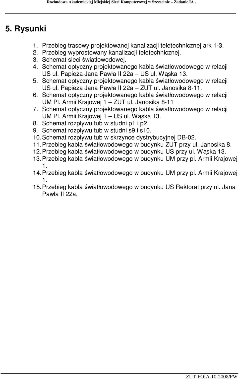 5. Schemat optyczny projektowanego kabla światłowodowego w relacji US ul. PapieŜa Jana Pawła II 22a ZUT ul. Janosika 8-11. 6. Schemat optyczny projektowanego kabla światłowodowego w relacji UM Pl.