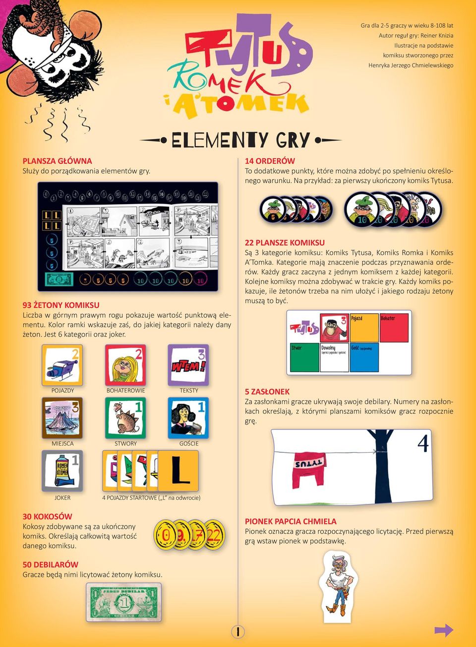 93 ŻETONY KOMIKSU Liczba w górnym prawym rogu pokazuje wartość punktową elementu. Kolor ramki wskazuje zaś, do jakiej kategorii należy dany żeton. Jest 6 kategorii oraz joker.