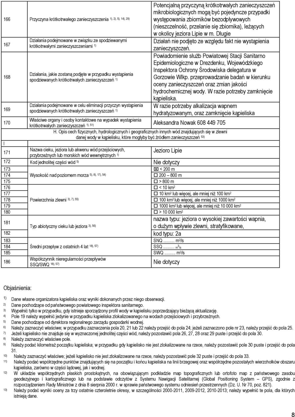 krótkotrwałych zanieczyszczeń mikrobiologicznych mogą być pojedyncze przypadki występowania zbiorników bezodpływowych (nieszczelność, przelanie się zbiornika), leżących w okolicy jeziora Lipie w m.