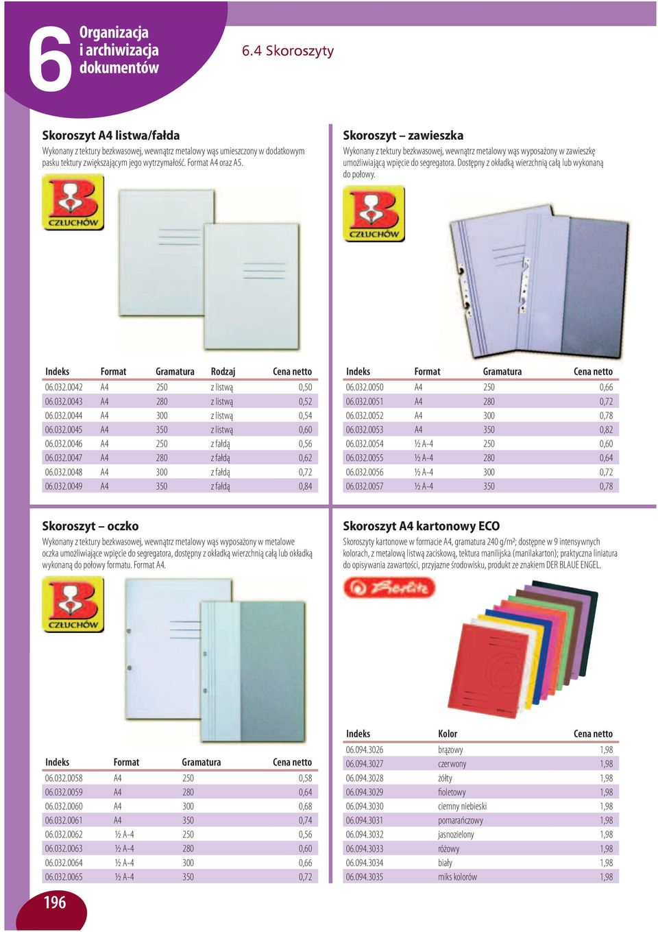 Indeks Format Gramatura Rodzaj Cena netto 06.032.0042 A4 250 z listwą 0,50 06.032.0043 A4 280 z listwą 0,52 06.032.0044 A4 300 z listwą 0,54 06.032.0045 A4 350 z listwą 0,60 06.032.0046 A4 250 z fałdą 0,56 06.