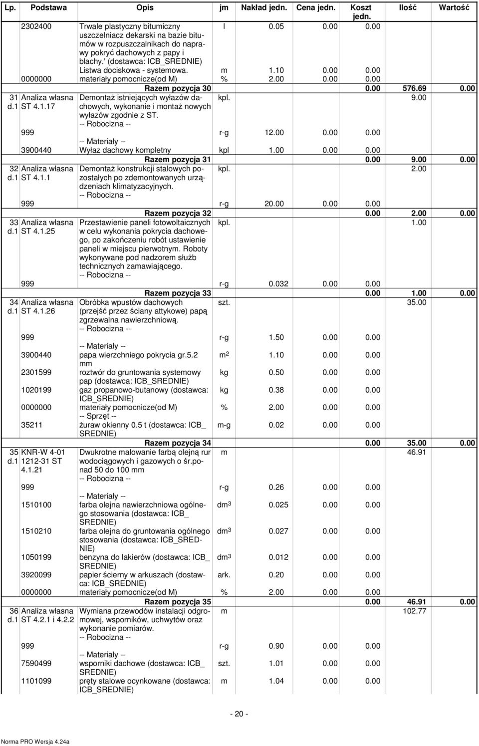 00 31 Analiza własna Demontaż istniejących wyłazów dachowych, kpl. 9.00 d.1 ST 4.1.17 wykonanie i montaż nowych wyłazów zgodnie z ST. 999 r-g 12.00 0.00 0.00 3900440 Wyłaz dachowy kompletny kpl 1.