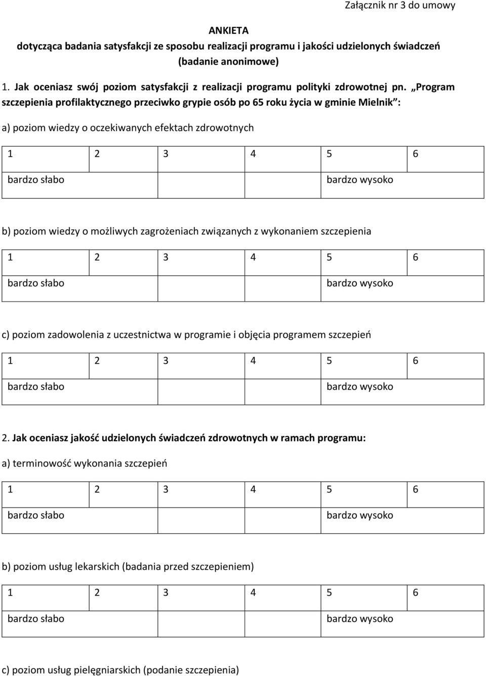 Program szczepienia profilaktycznego przeciwko grypie osób po 65 roku życia w gminie Mielnik : a) poziom wiedzy o oczekiwanych efektach zdrowotnych 1 2 3 4 5 6 bardzo słabo bardzo wysoko b) poziom