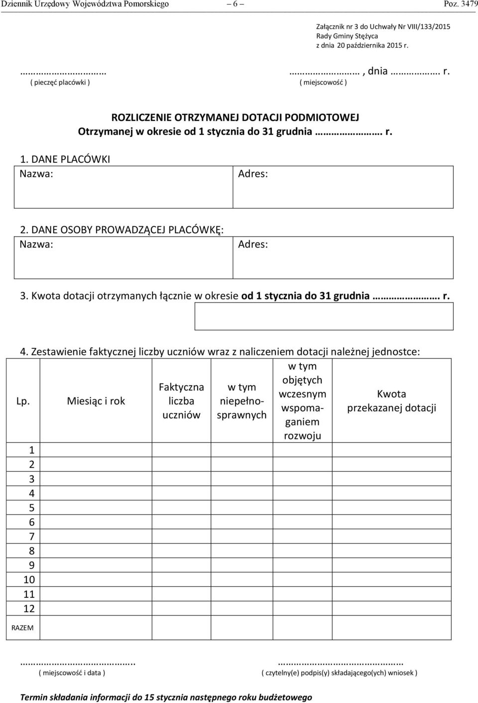 DANE OSOBY PROWADZĄCEJ PLACÓWKĘ: Nazwa: Adres: 3. Kwota dotacji otrzymanych łącznie w okresie od 1 stycznia do 31 grudnia. r. 4.