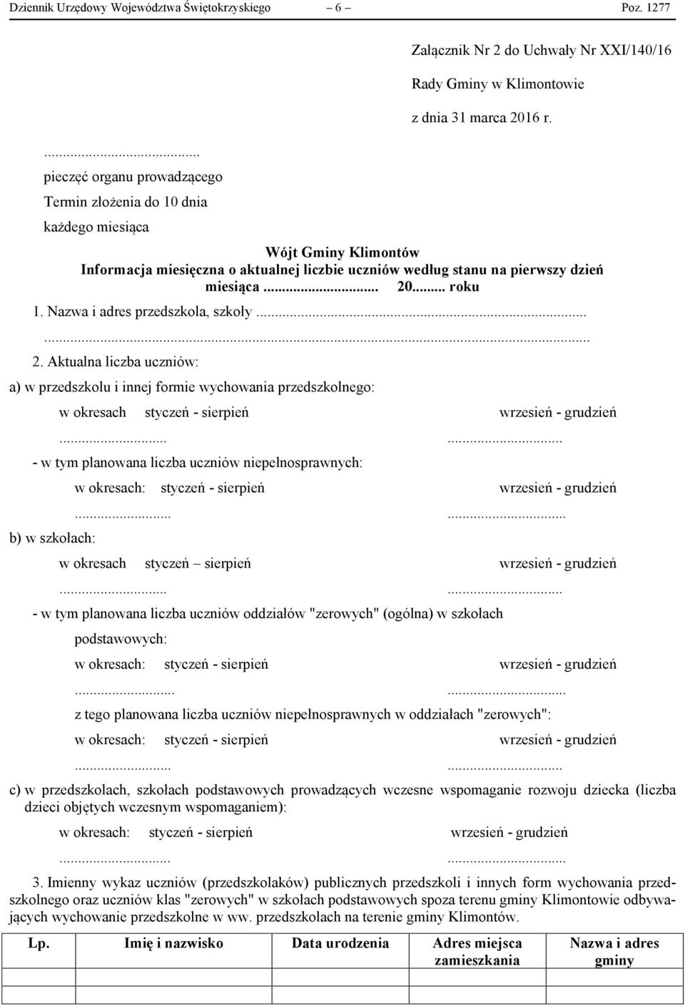 Wójt Gminy Klimontów Informacja miesięczna o aktualnej liczbie uczniów według stanu na pierwszy dzień miesiąca... 20